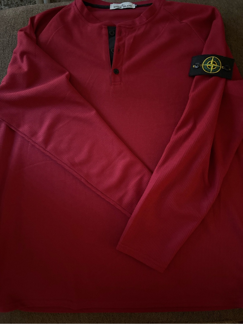 Stone Island Men's Red Logo Henley Pullover Knit Long Sleeve Top Size XXL